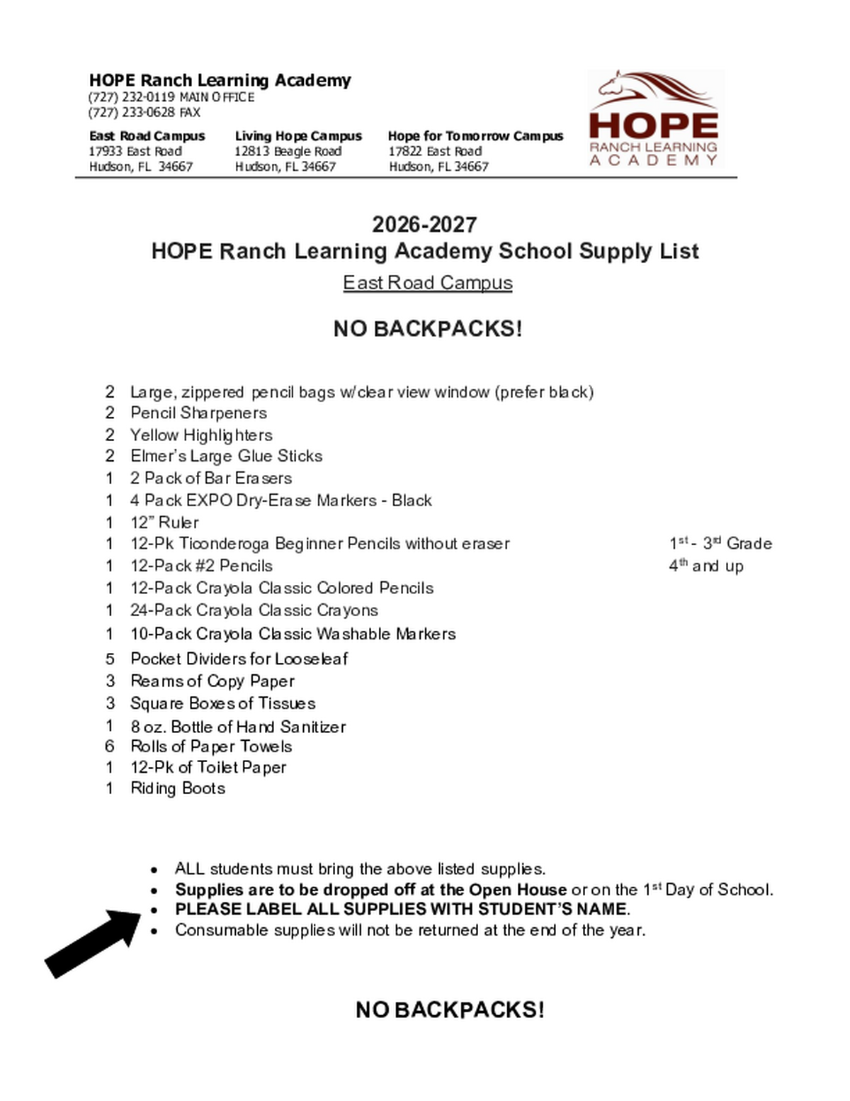2026-2027 Supply List East Road