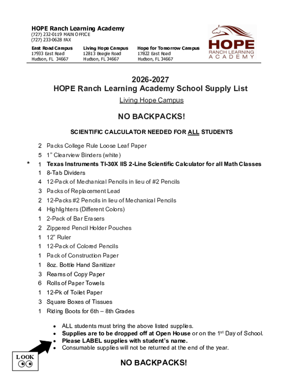 2026-2027 Supply List LH